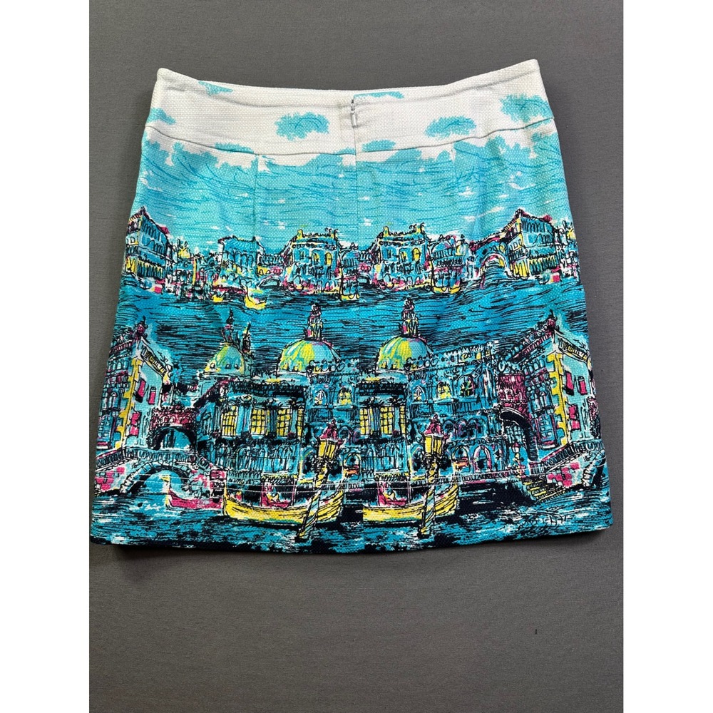Talbots Petites Venice Canal Scene Print Mini Skirt Blue Yellow 8P NWT